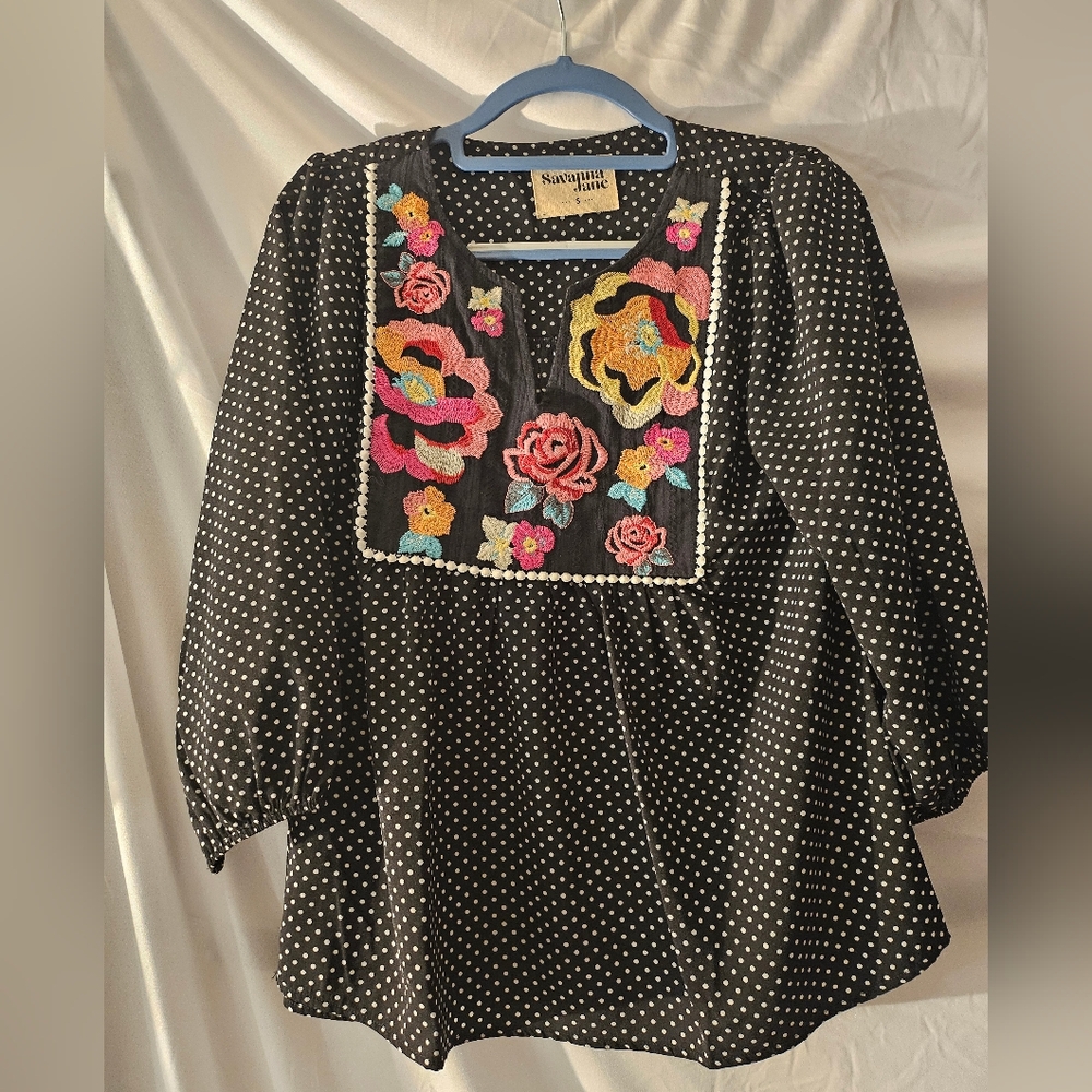 Savanna Jane Shirt‎ Womens Small Polka Dot Embroidered Floral Boho Top